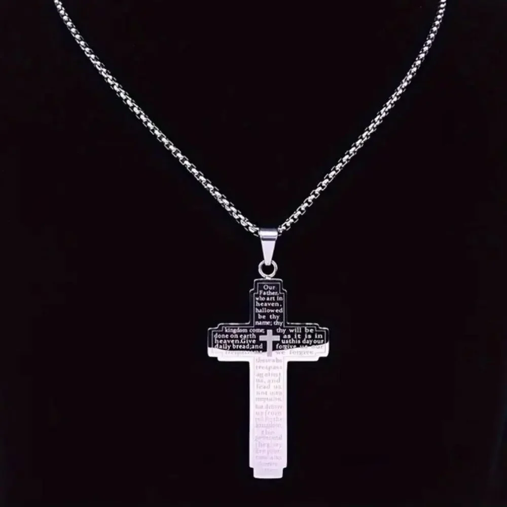 Silver Cross Necklace Lord's Prayer Pendant Anniversary Birthday Fashion Gift
